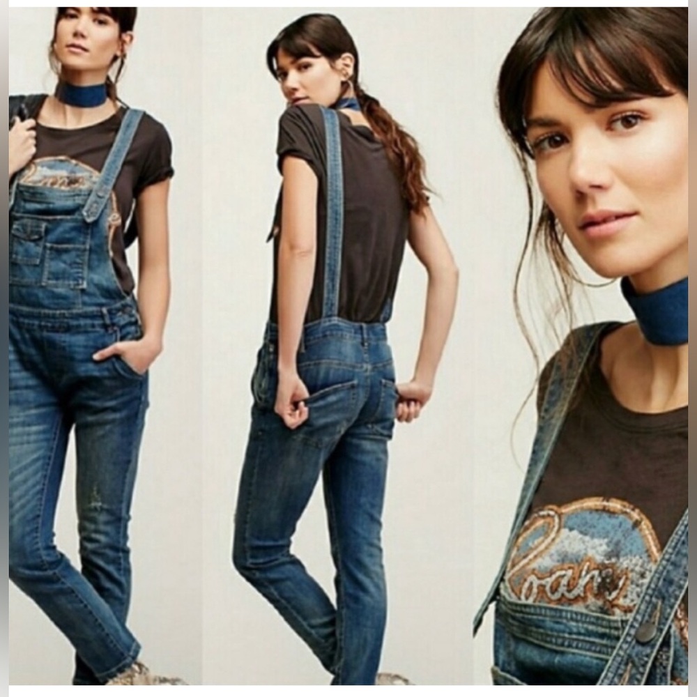 FREE PEOPLE Denim Jean Overalls Boho Festival One-Piece Classic Sz 27 Suspenders - Picture 10 of 12